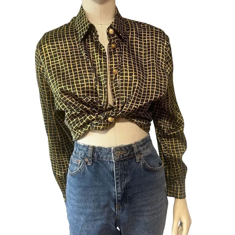 Basler Vintage Navy Blue/ Yellow Gold Plaid Pattern Button Down Satin Blouse